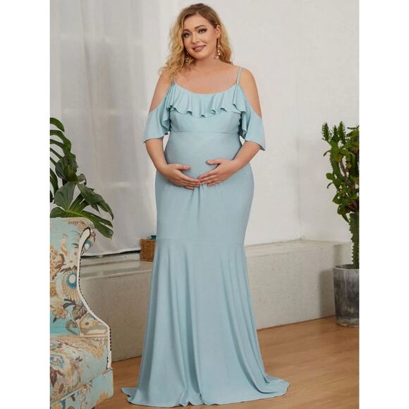 Ever Pretty Maternity Maxi Dress 1XL Blue Cold Shoulder Ruffle Gown - Picture 1 of 5